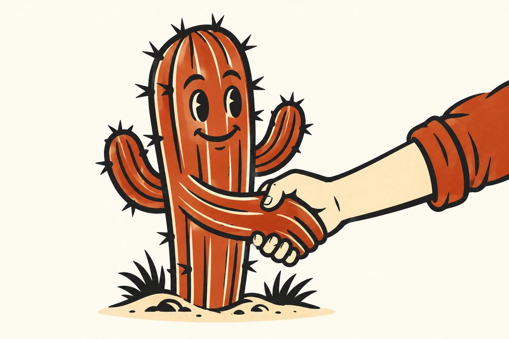 Illustration of a cactus shaking hands with a person