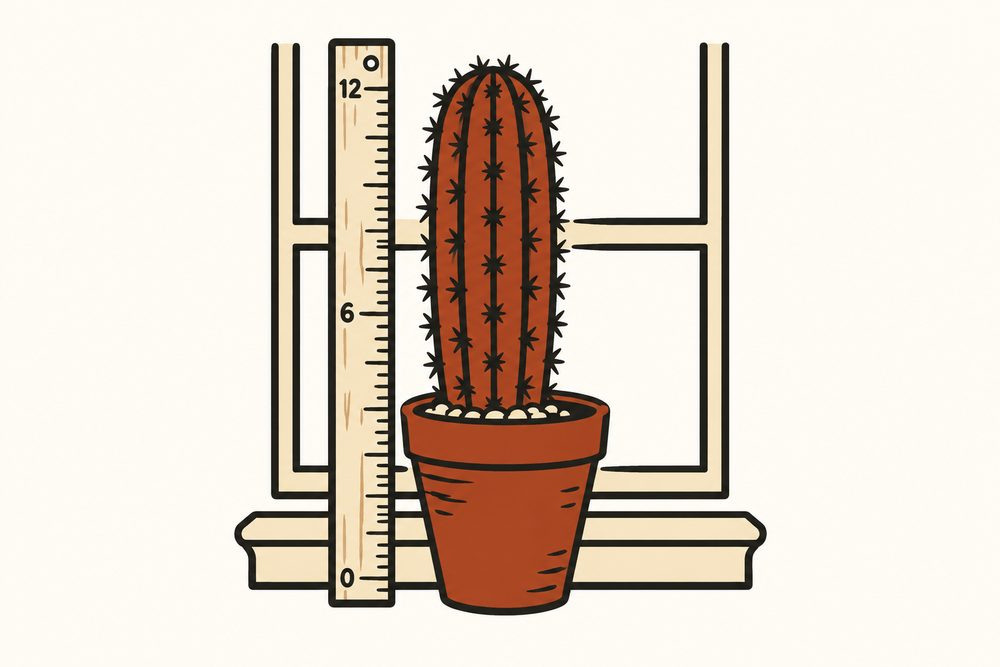 Illustration of a ruler measuring a potted cactus on a windowsill